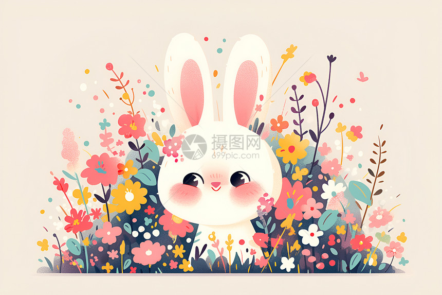 花丛中的可爱卡通兔子图片