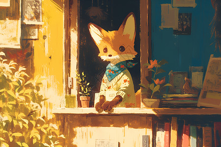 蹲着的狐狸窗台上的小狐狸插画