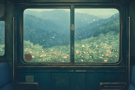 车内空气净化雨中山间的列车插画