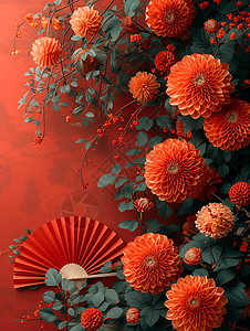 红色花朵装饰美丽的折纸插画