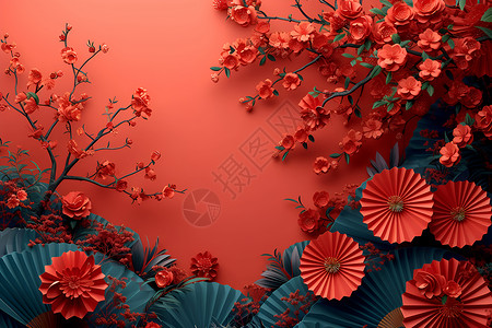 红色花朵装饰红花与纸扇插画