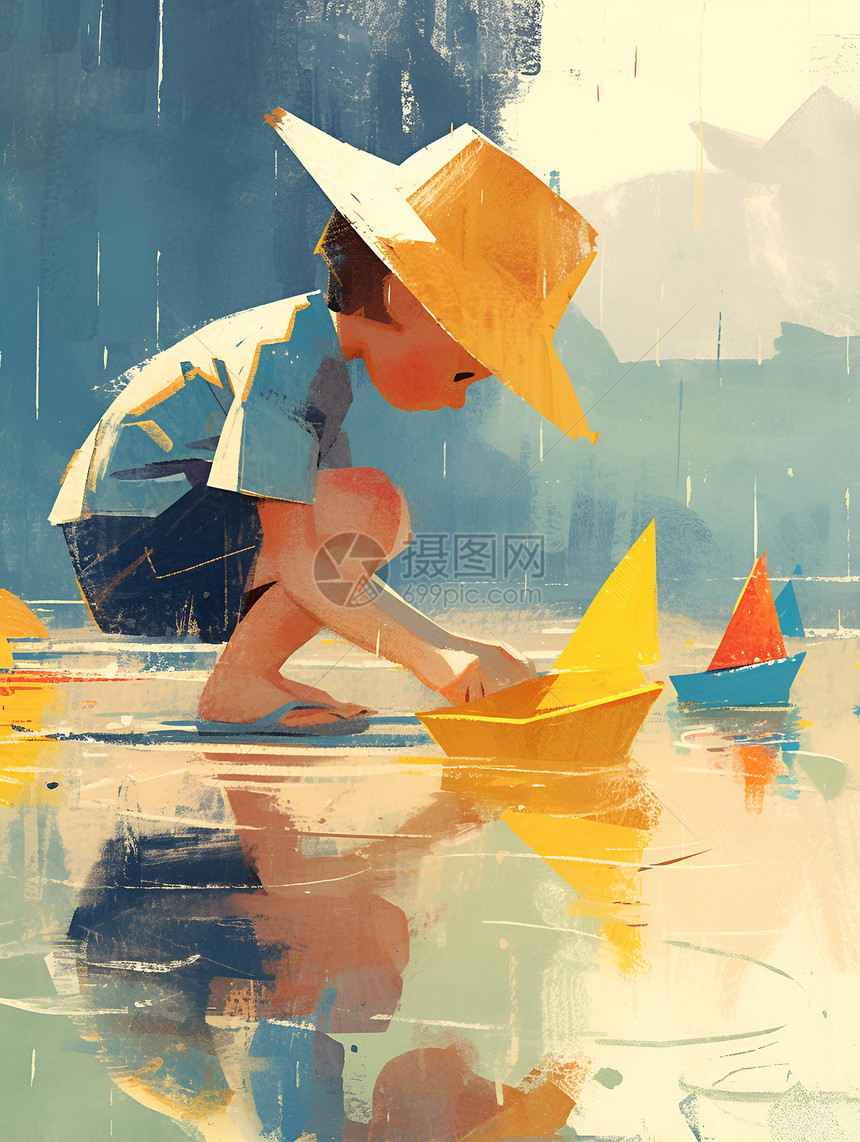 雨中儿童玩纸船图片