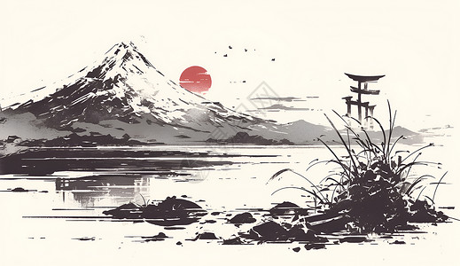 富士山樱花节水墨风山脉湖泊插画