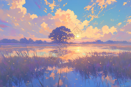 东滩湿地夕阳下的湖泊插画