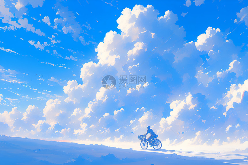 蓝天下骑自行车的人图片