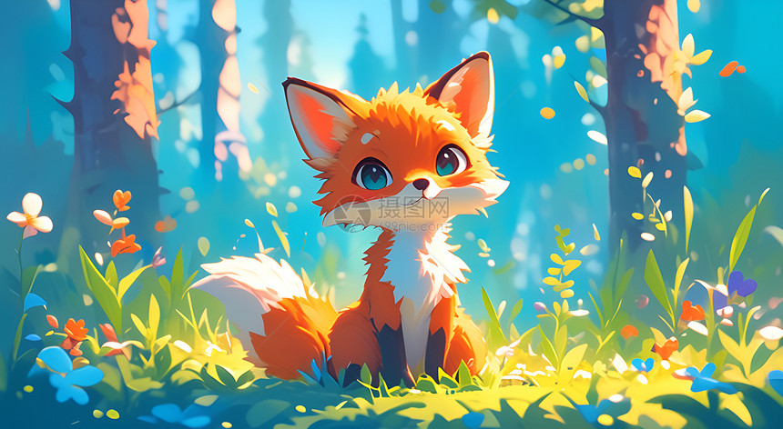卡通小狐狸坐在草地上图片