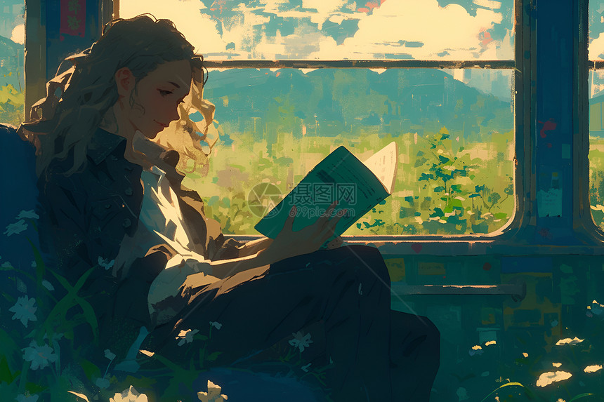 列车中正在看书的女子图片