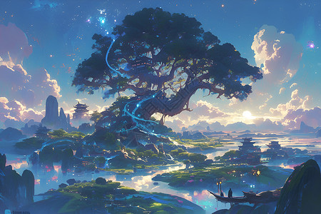户外梦幻的大树背景图片
