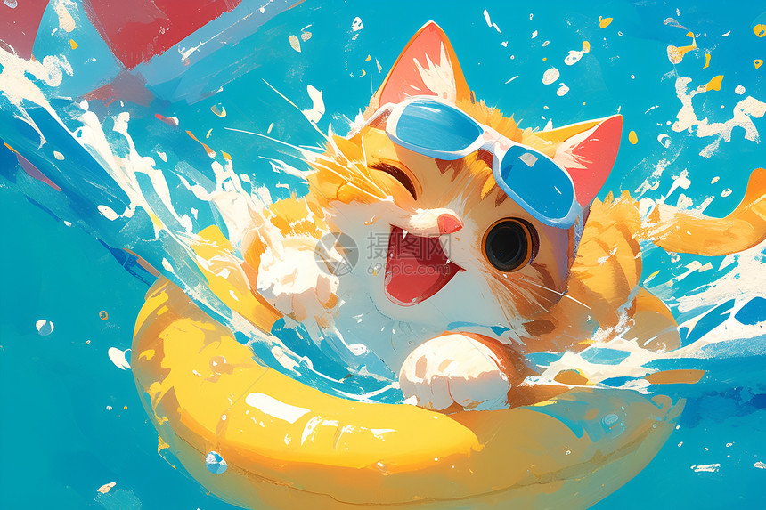游泳圈上的可爱猫咪图片