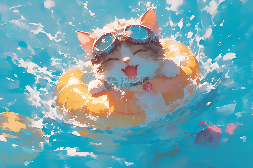 游泳圈上的猫咪图片