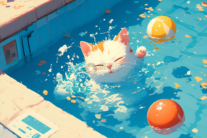 泳池中嬉水的猫咪图片