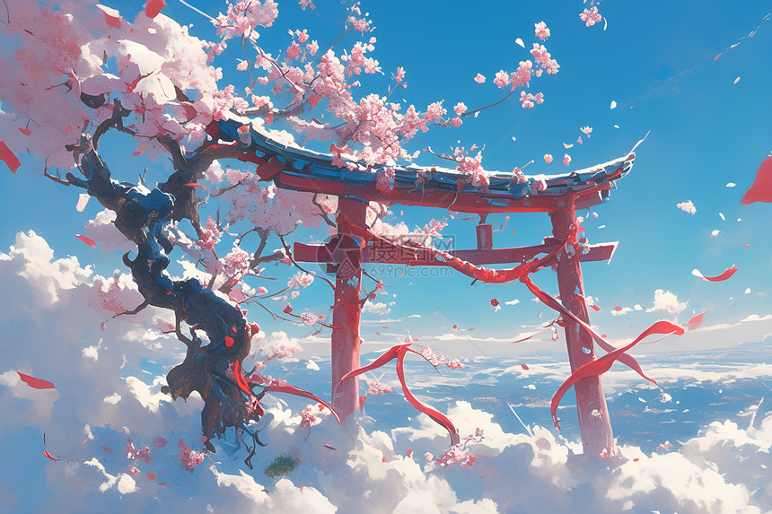 云海里的樱花树图片
