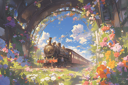 绽放自我花朵隧道中的火车插画