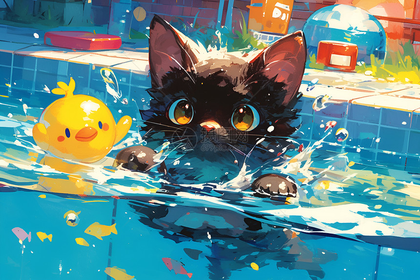 夏日畅泳的猫咪图片
