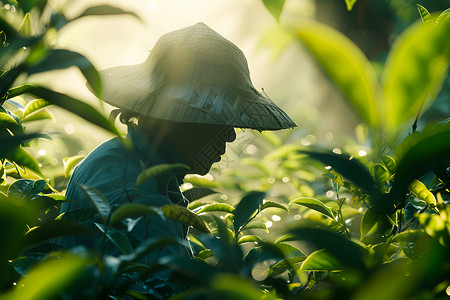 斗笠茶园中一位采茶工人背景