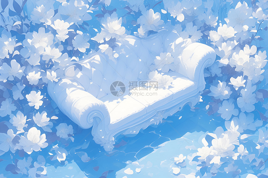 白色沙发与花海图片