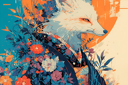 鲜花装饰的狐狸背景图片