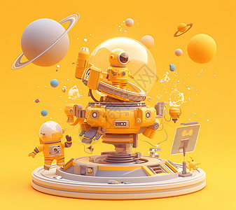 大白机器人黄色太空站插画