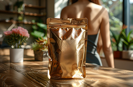 铝箔包装袋桌子上的金色咖啡包装袋背景