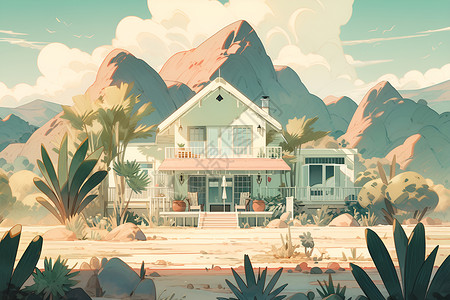沙漠中的绿色房屋插画