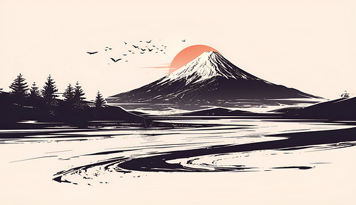 山脉线条富士山的简约插画插画