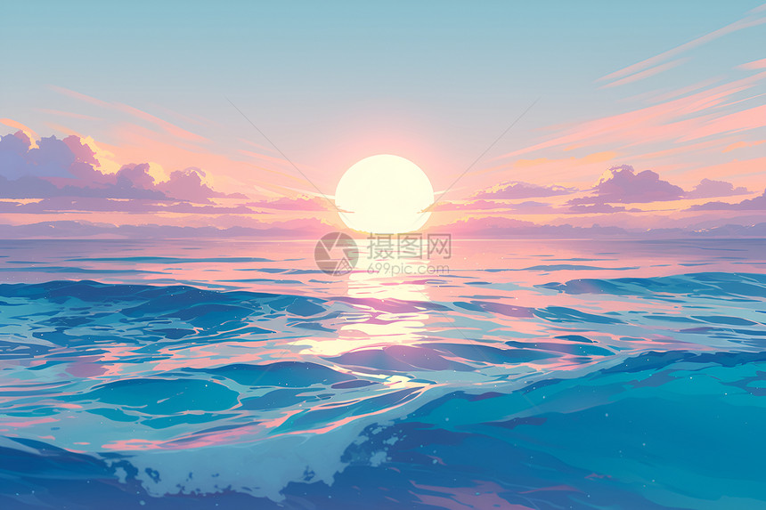 夕阳下的大海插画图片