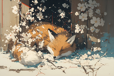 狐狸与樱花背景图片