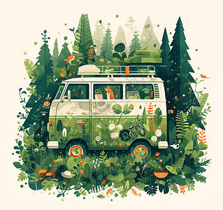 森林中绿色生态旅行车背景图片