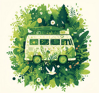 森林中的生态面包车背景图片