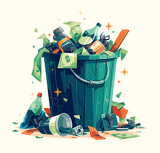 废品垃圾桶中的杂物插画