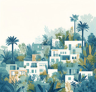 城市植被绿意盎然的城市小屋插画