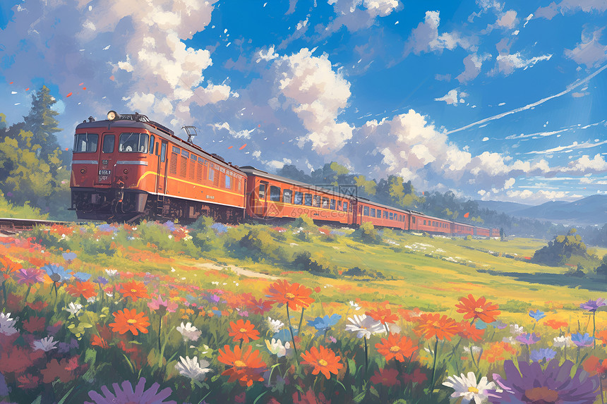 火车穿过花田图片