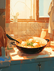 羊杂汤锅温馨厨房插画
