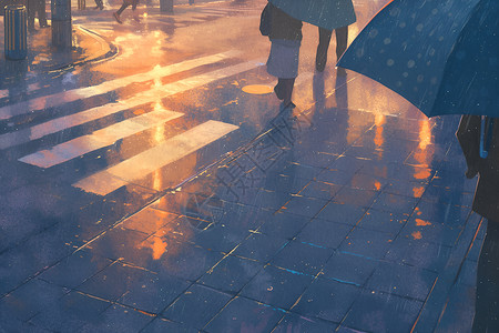 马路街头夜雨中的人影插画