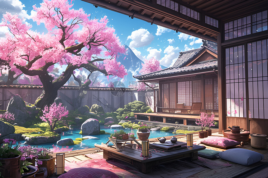 樱花树下的茶亭图片