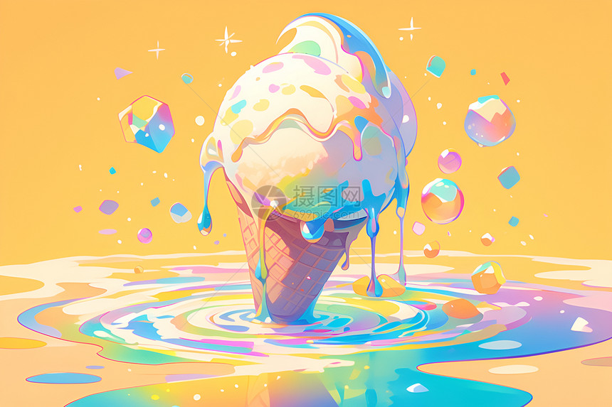 彩虹融化的冰淇淋图片