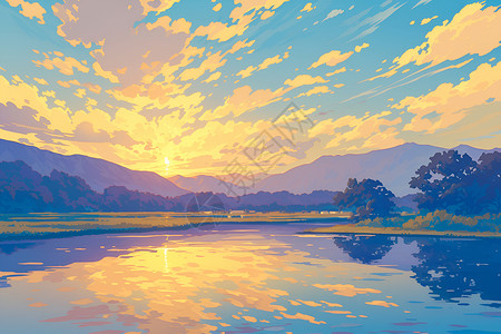 夕阳的湖泊景色背景图片