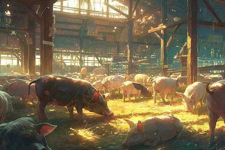 动物养殖现代养猪场插画