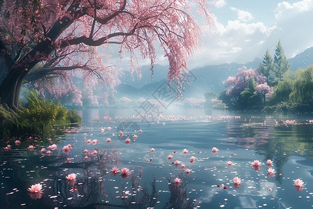 美丽的湖湖面上的花朵插画