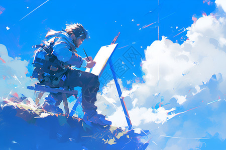 画家在蓝天下写生背景图片