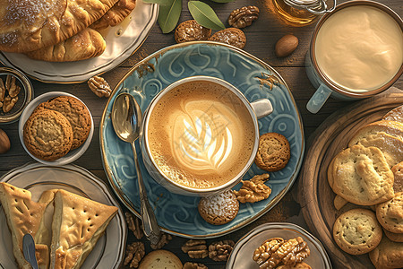 新鲜咖啡美味丰盛的早餐插画