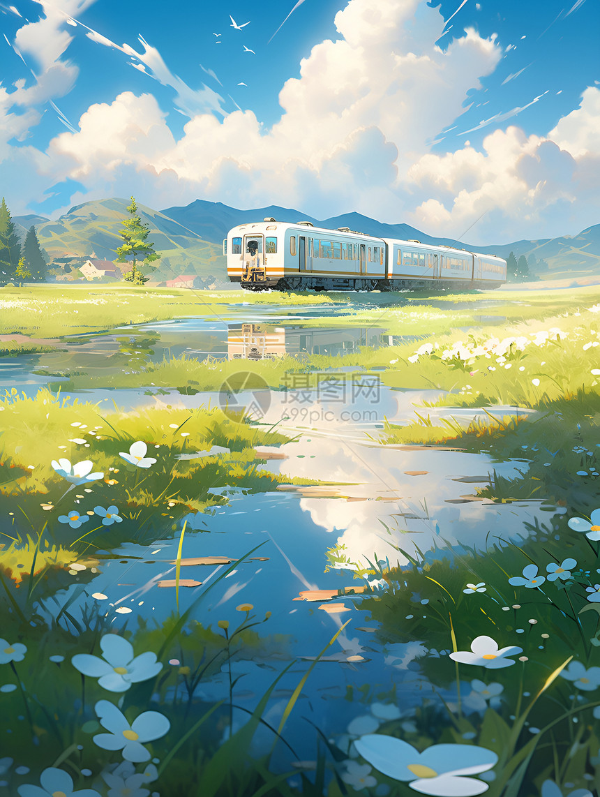 穿梭于花草之间的火车图片