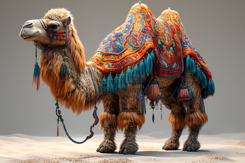 沙漠中身穿古风丝绸服饰的骆驼图片