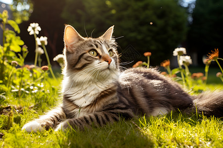 戴着救生圈猫草地上一只猫仰望着天空背景模糊背景