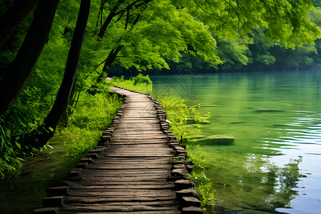 平静的河流湖畔木板路背景