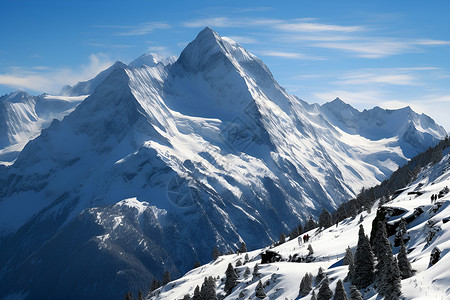 高山树木冰雪皑皑的高峰背景