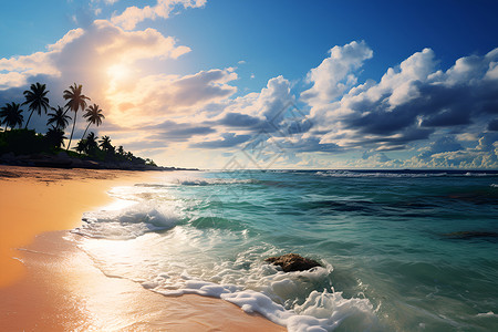 海浪与热带植物夕阳余晖下的海滩与棕榈树背景