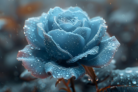 蓝色玫瑰花瓣上的雨滴背景图片