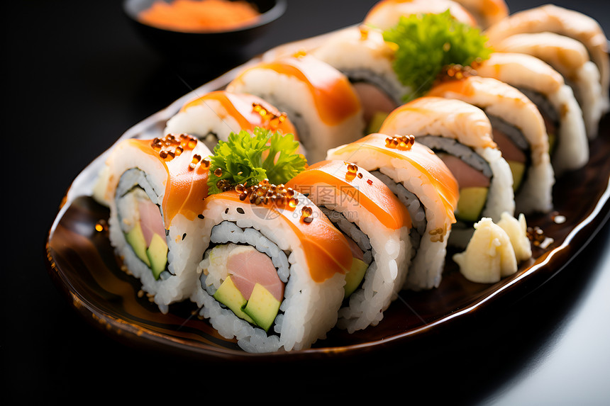 盘子中的美味寿司图片