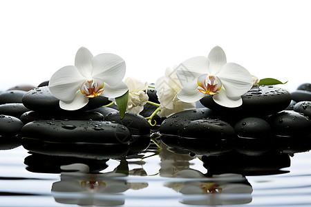水面上的鹅卵石和花卉高清图片